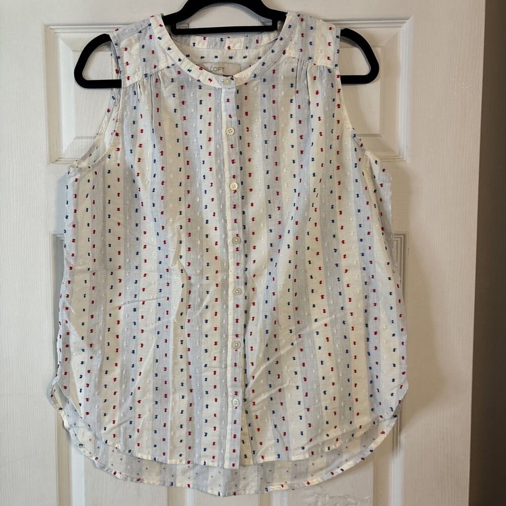 LOFT Women’s Button Up White with Colorful Embroidered Dots Size M